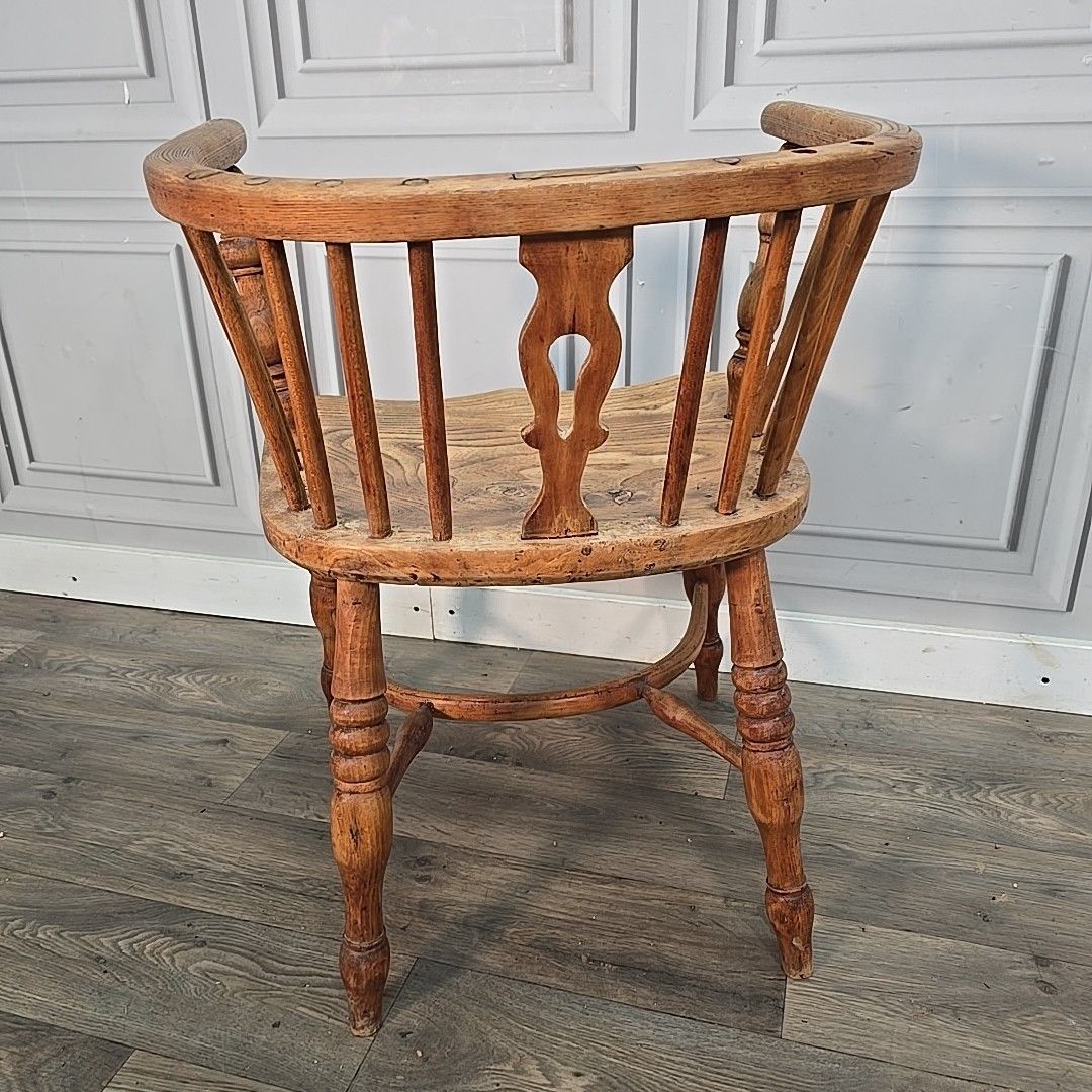 photo buy Antique Smokers Bow Chair Elm Seat Wooden Windsor Armchair Desk Hall 19th C