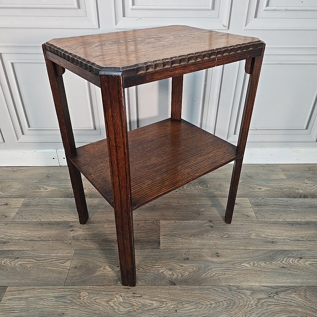 Antique Oak Side Table Two Tier Hall Lamp Plant Stand Arts Crafts Jacobean