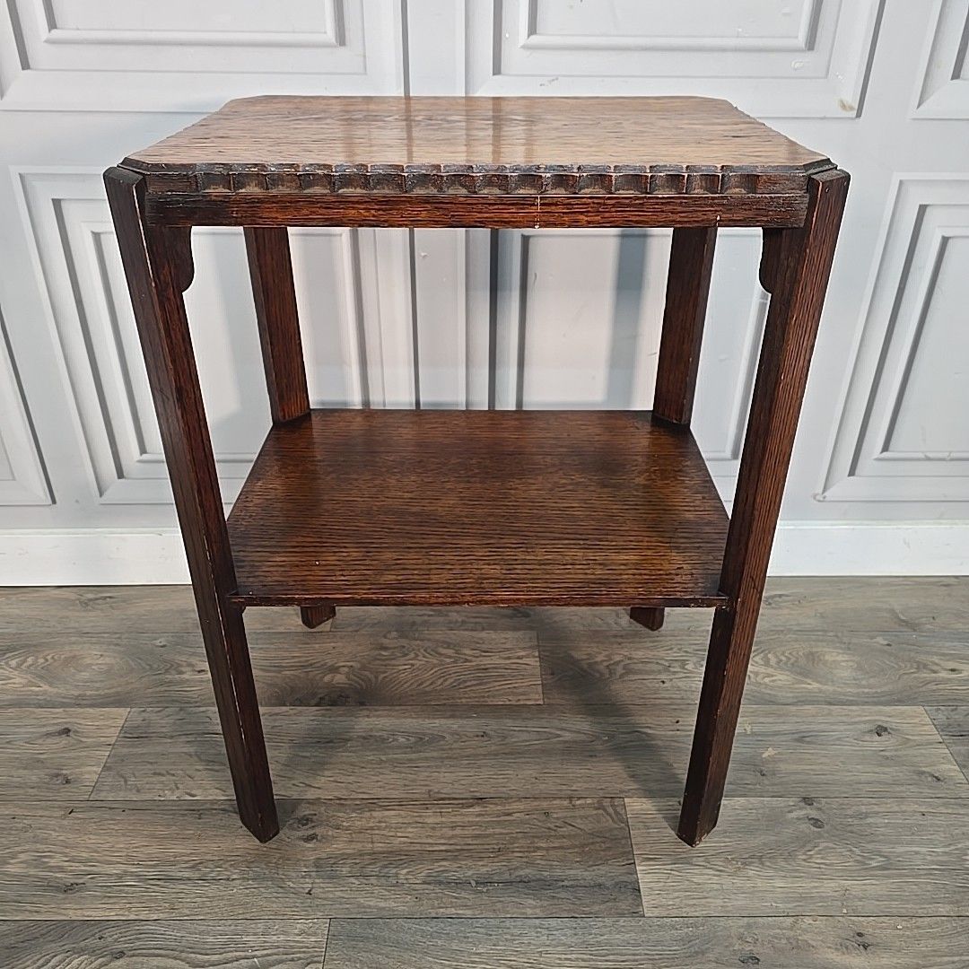 Antique Oak Side Table Two Tier Hall Lamp Plant Stand Arts Crafts Jacobean photo vinterior