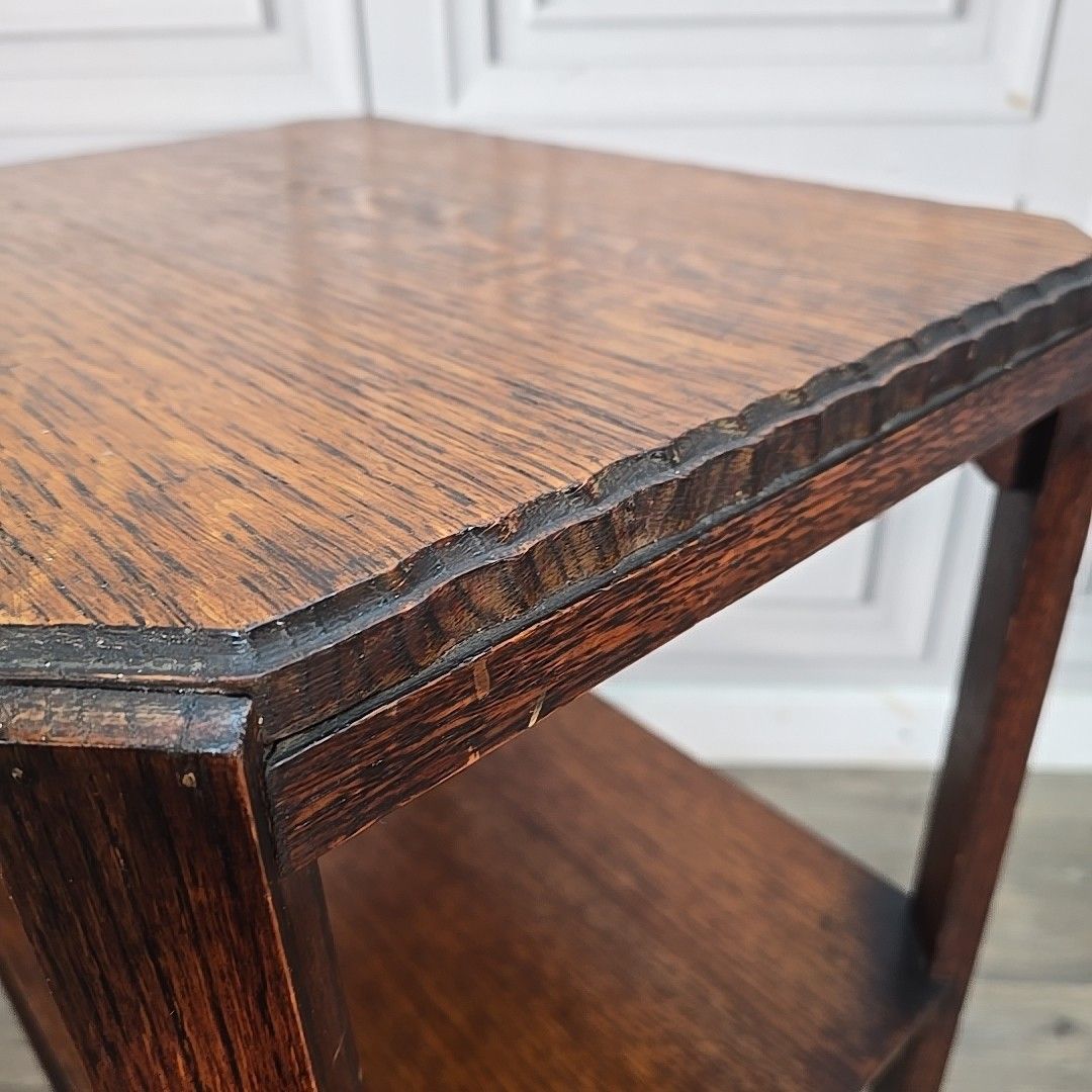 photo furniture Antique Oak Side Table Two Tier Hall Lamp Plant Stand Arts Crafts Jacobean