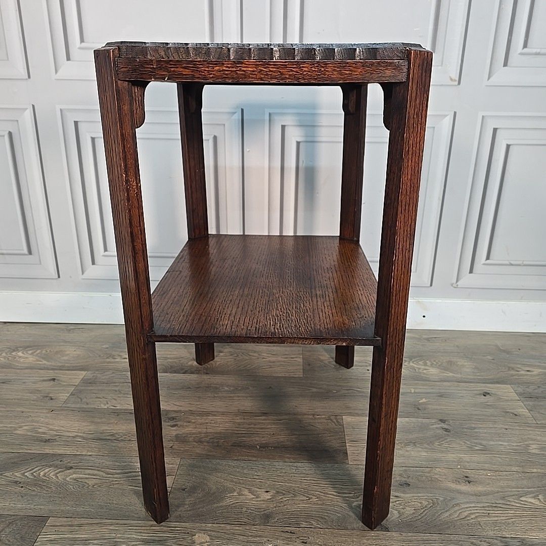 130.0 Antique Oak Side Table Two Tier Hall Lamp Plant Stand Arts Crafts Jacobean photo