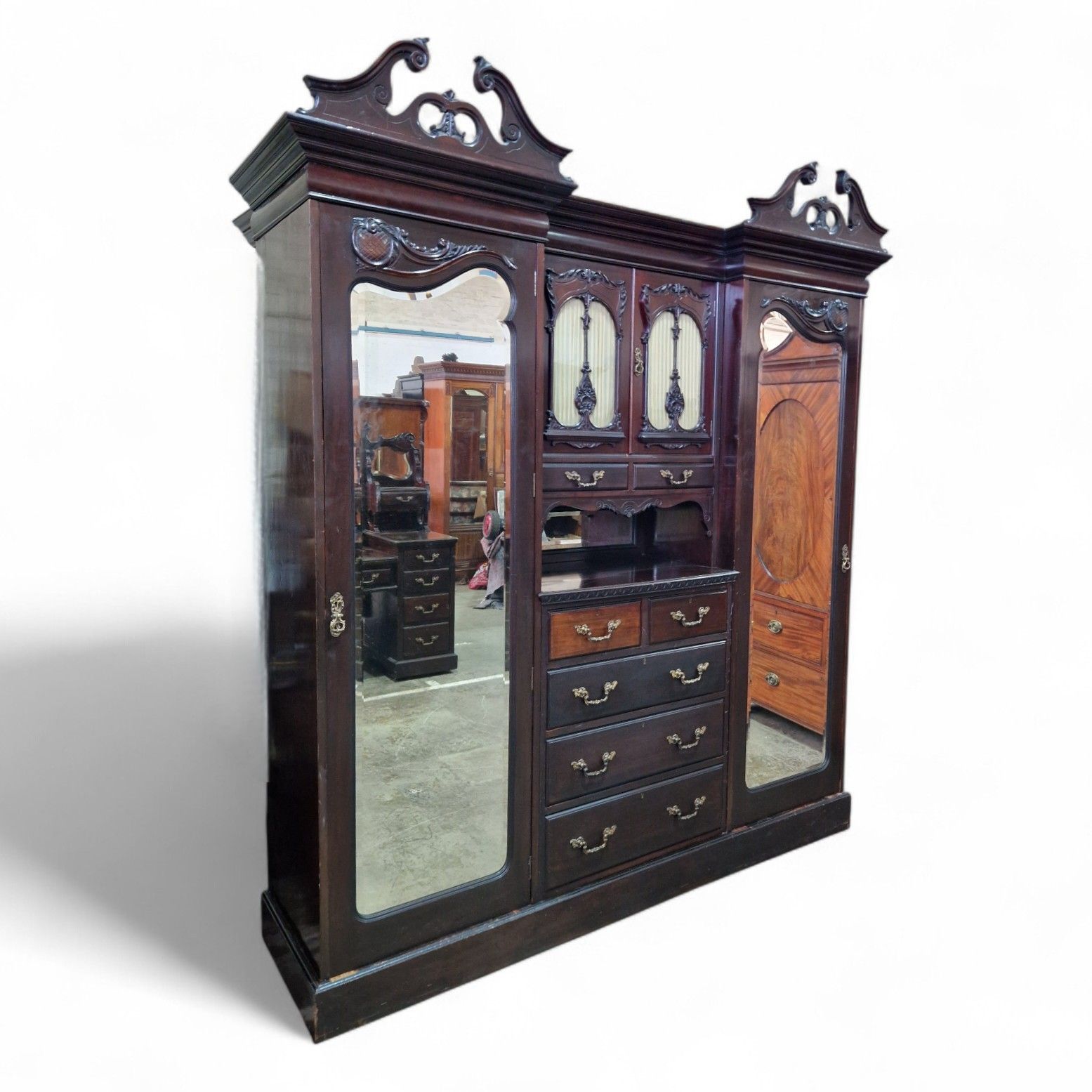 photo for sale Victorian Triple Wardrobe Mahogany Mirrored Antique Combination Carved Armoire