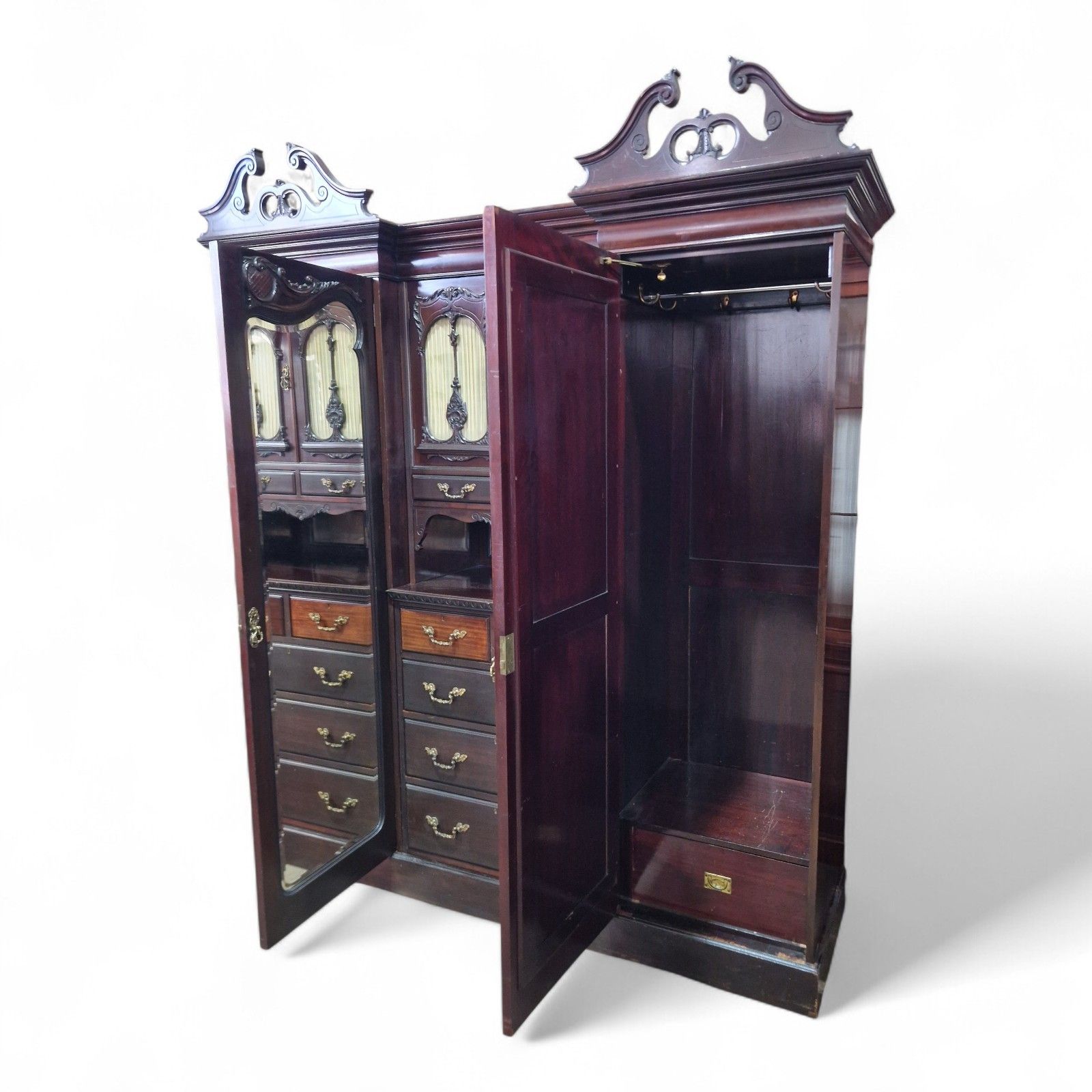 photo vintage Victorian Triple Wardrobe Mahogany Mirrored Antique Combination Carved Armoire