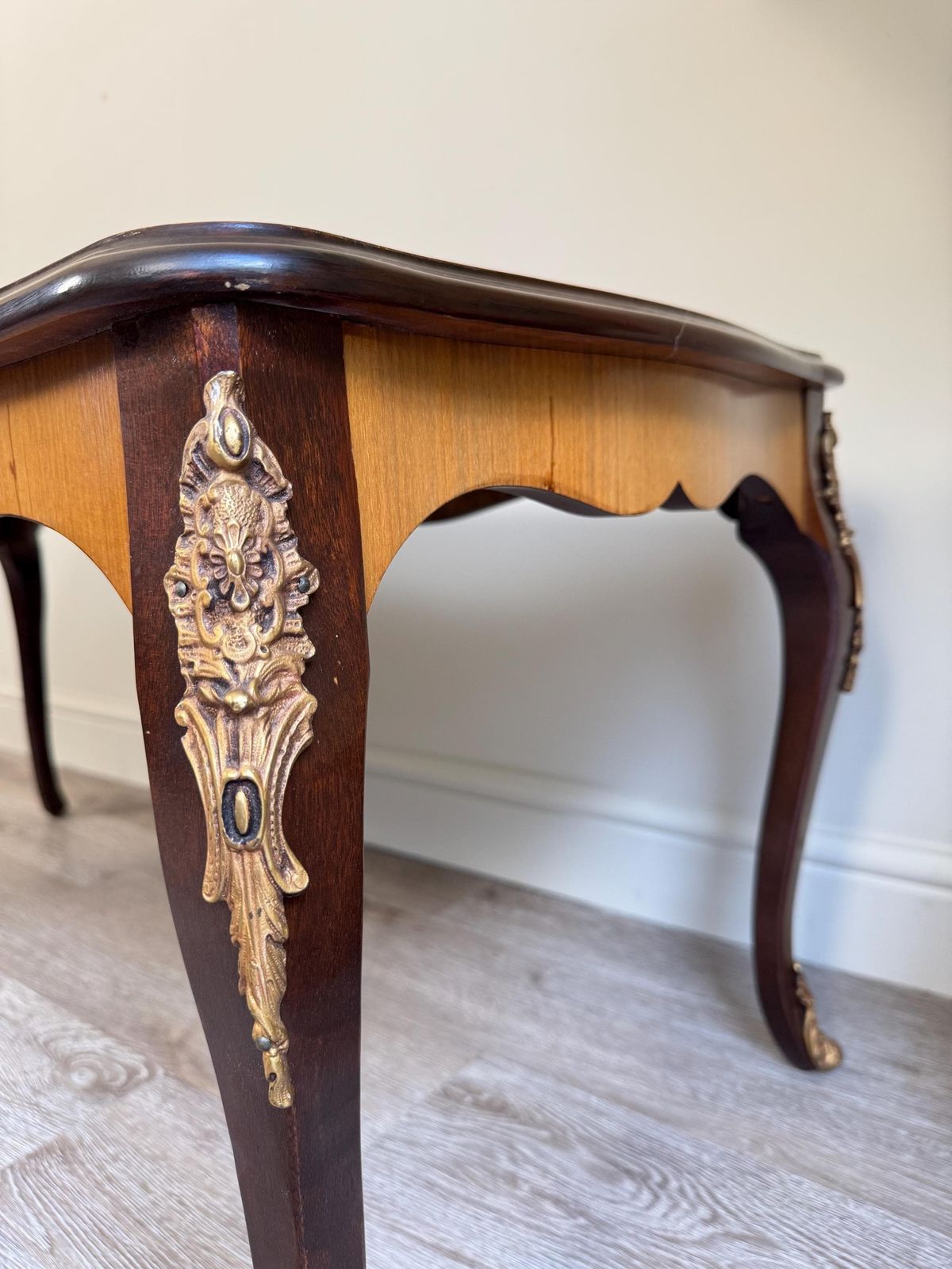 photo for sale Vintage French Louis XV Style Marquetry Gilt Low Coffee Table