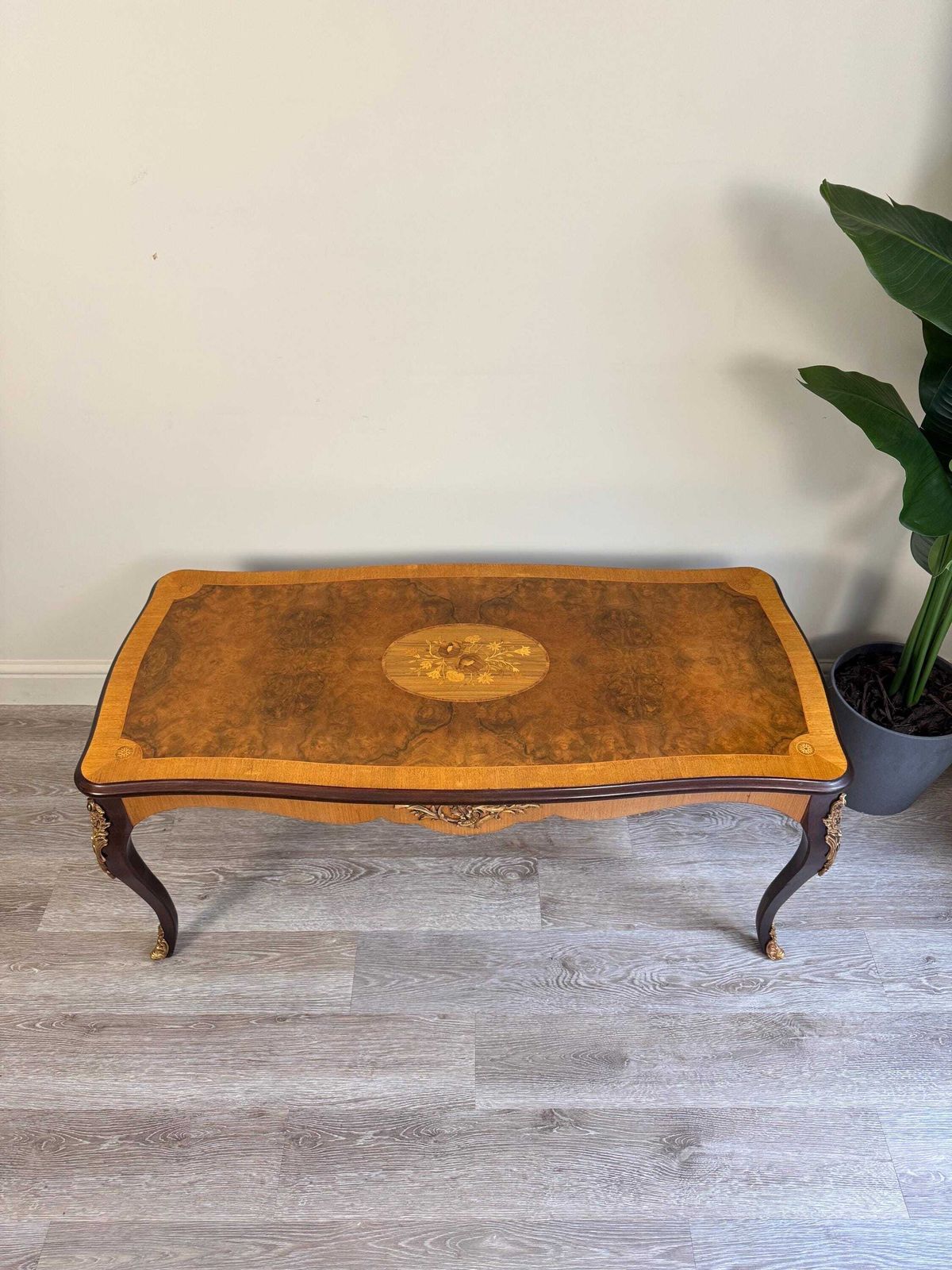 Furniture Vintage French Louis XV Style Marquetry Gilt Low Coffee Table photo