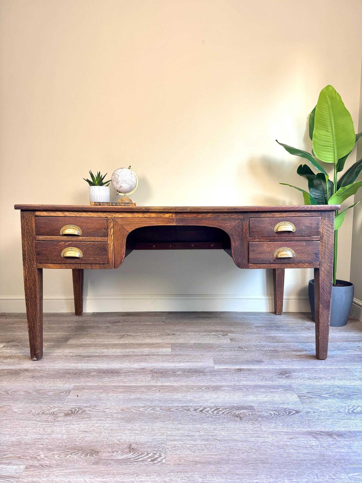 1936 Vintage Presidential Writing Desk – Solid Oak With Original Leather Top | Office Furniture Executive Desk