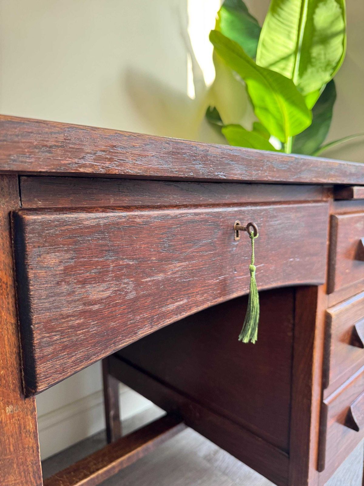 1936 Vintage Presidential Writing Desk – Solid Oak With Original Leather Top | Office Furniture Executive Desk photo vintage