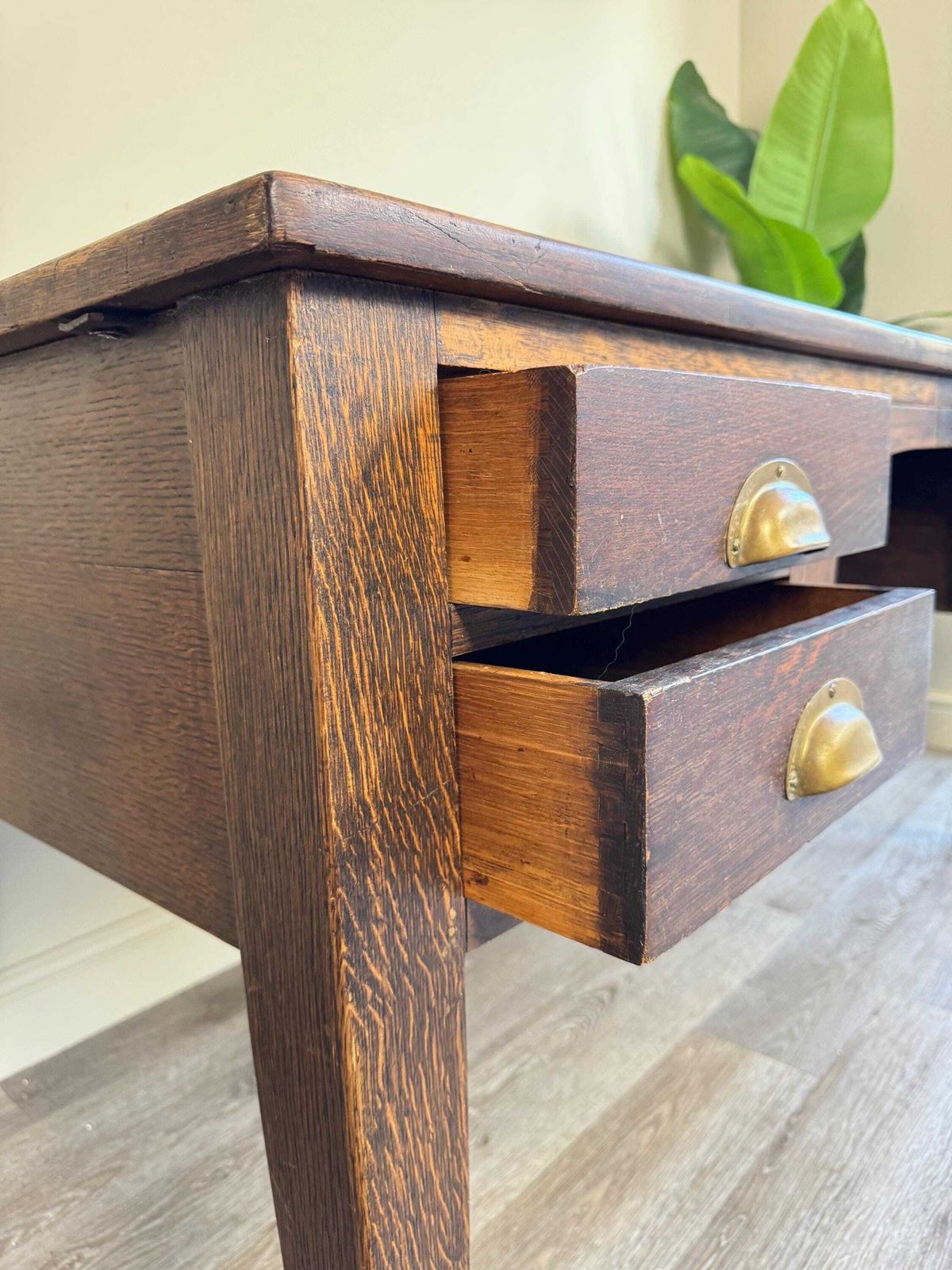 1250.0 1936 Vintage Presidential Writing Desk – Solid Oak With Original Leather Top | Office Furniture Executive Desk photo