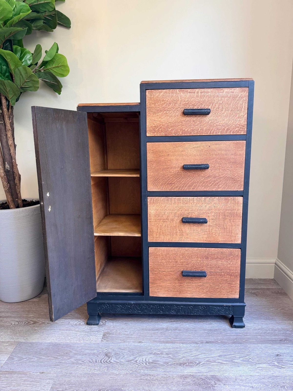 Vintage Upcycled Wooden Cabinet: Black Painted Drawers & Shelving photo for sale