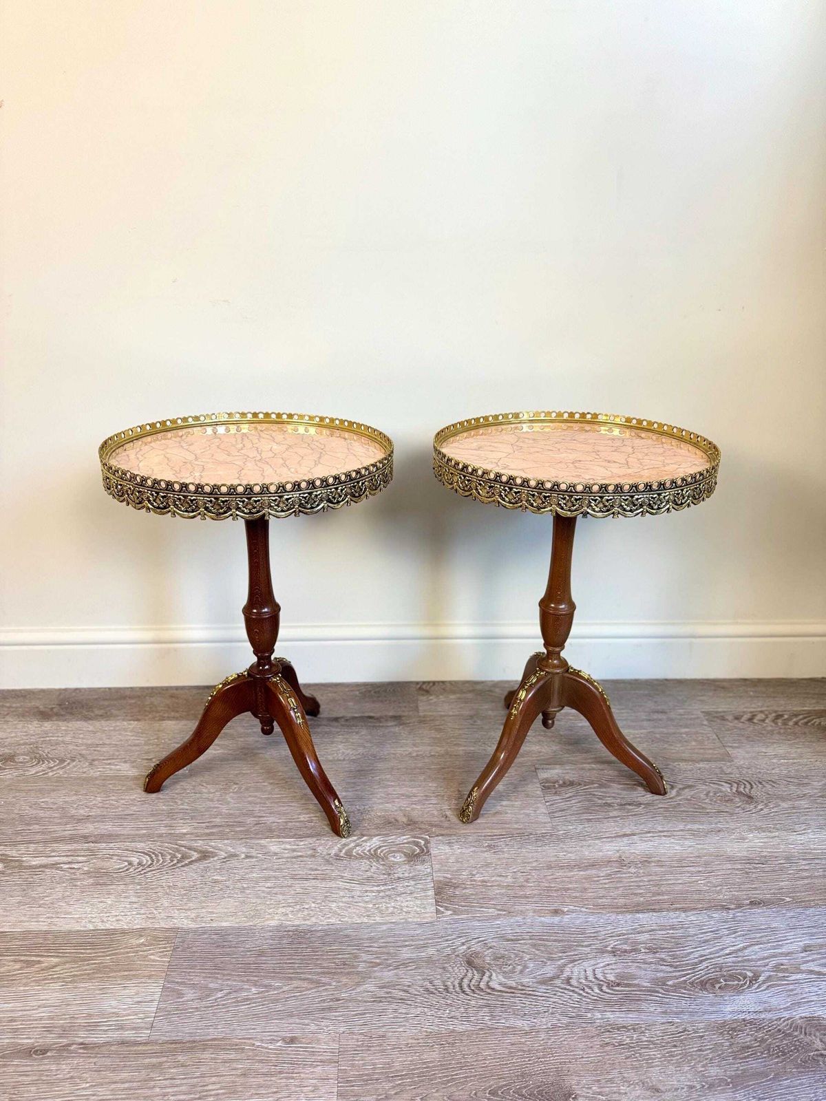Pair Of French Louis XV Style Pink Marble Gallery Topped Tripod Tables photo for sale