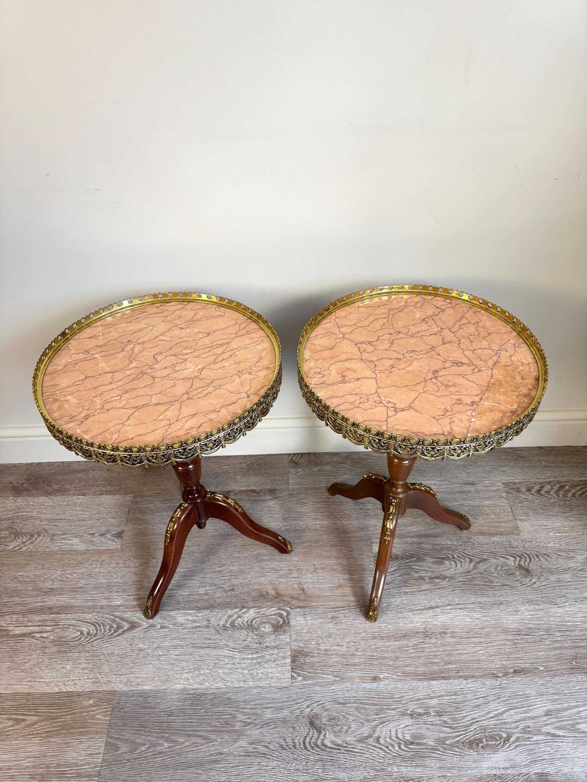 Pair Of French Louis XV Style Pink Marble Gallery Topped Tripod Tables photo Furniture
