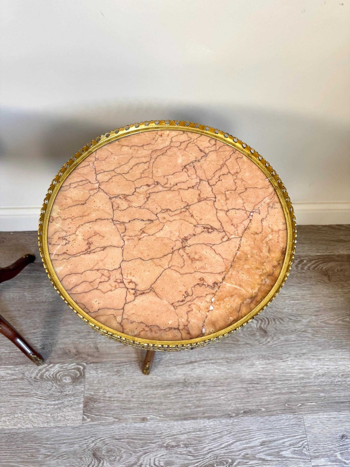 Pair Of French Louis XV Style Pink Marble Gallery Topped Tripod Tables photo vintage