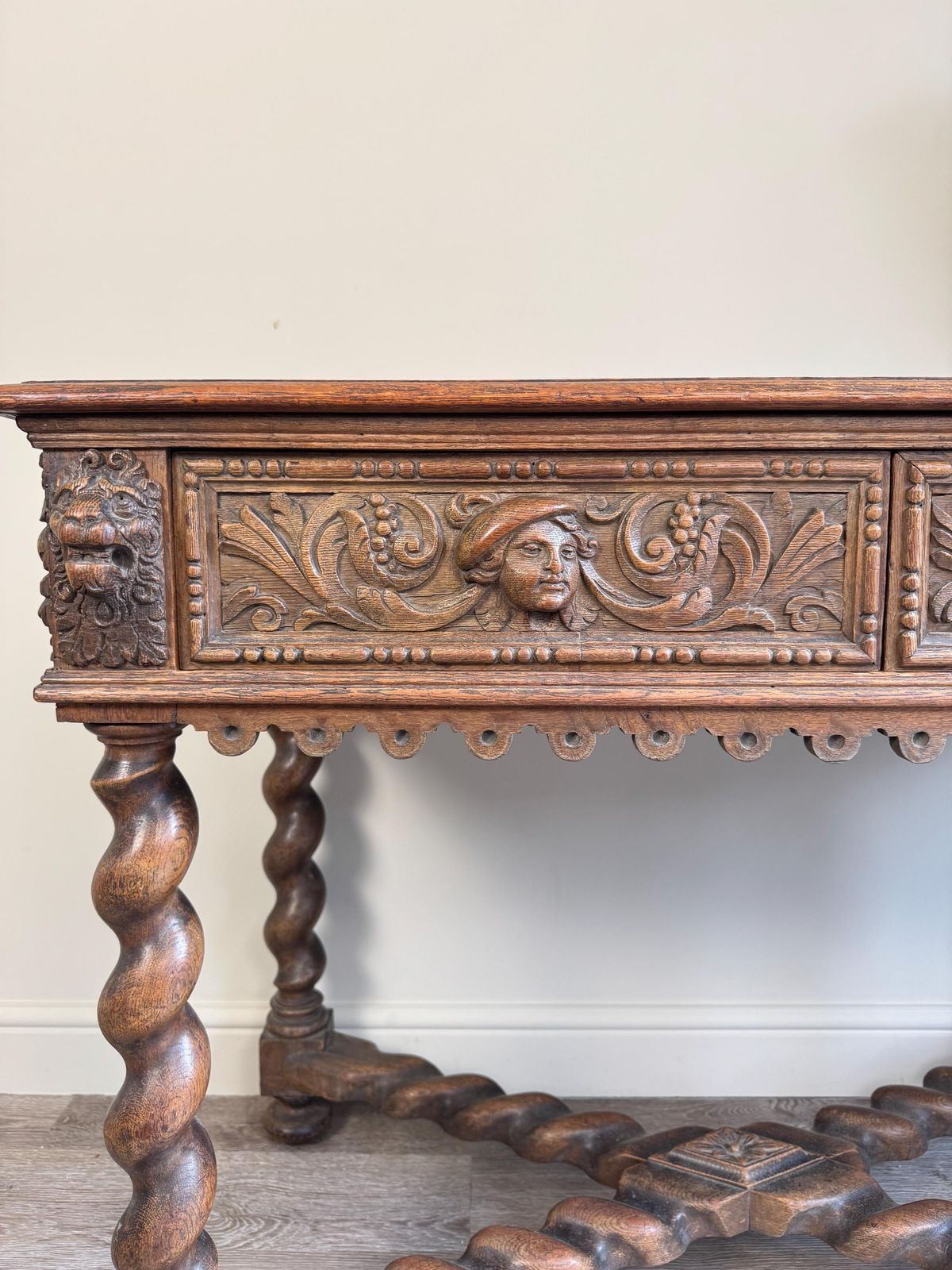 photo furniture Antique Carved Wood Console Table: Barley Twist Hall, Gothic Revival