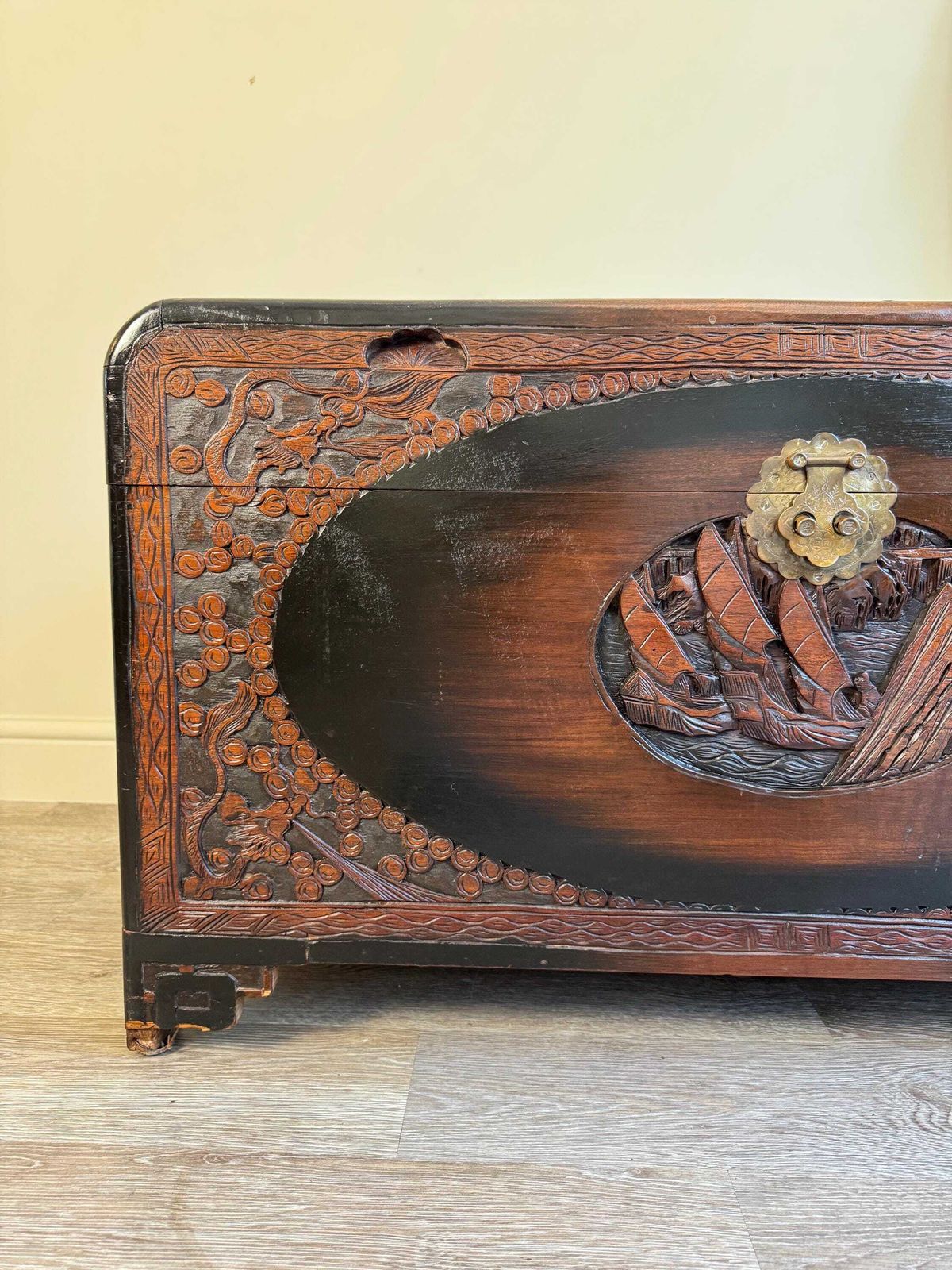 photo buy Vintage Chinese Carved Oak Dark Wood Blanket Box Chest Coffer Camphor Chest