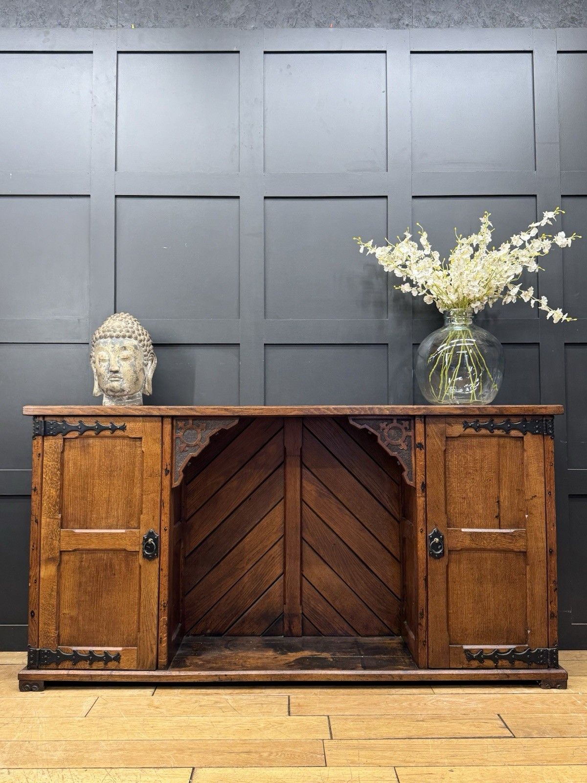 Antique Oak Sideboard Cupboard Arts & Crafts Gothic Church Chapel 180cm