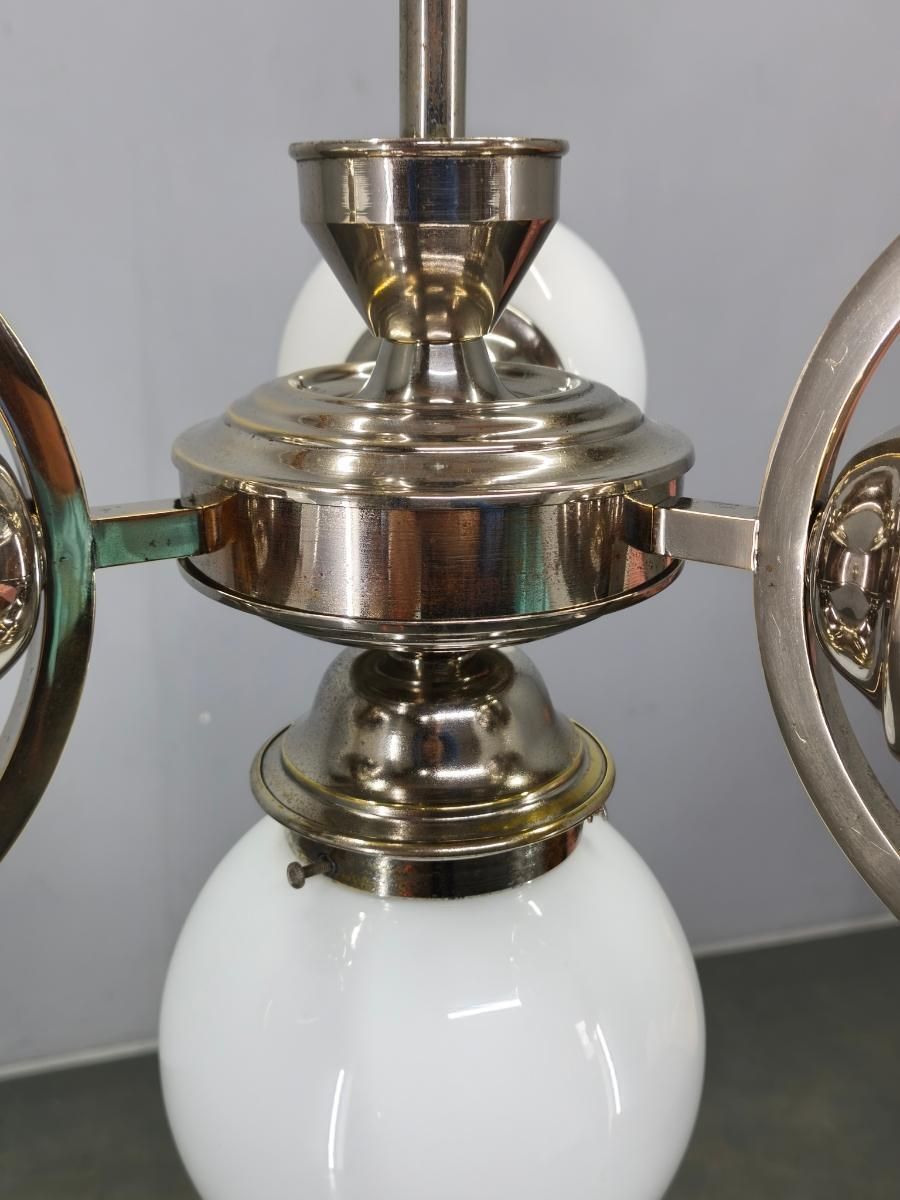 Art Deco Nickel And Glass Chandelier, 1930s photo vintage