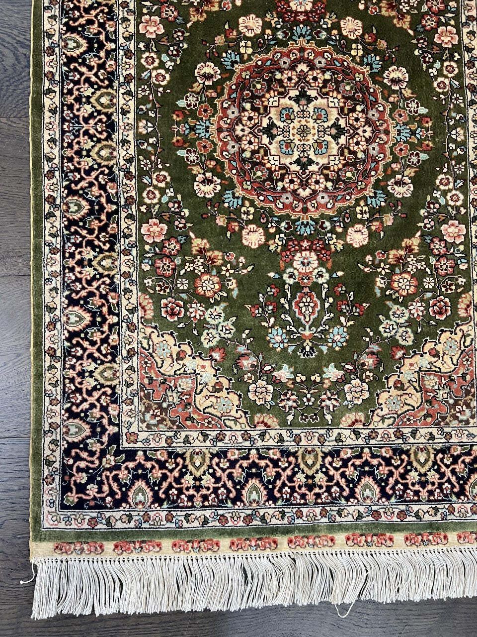 Green Field Turkish Silk Rug, 96 × 63 Cm, Circa 1950