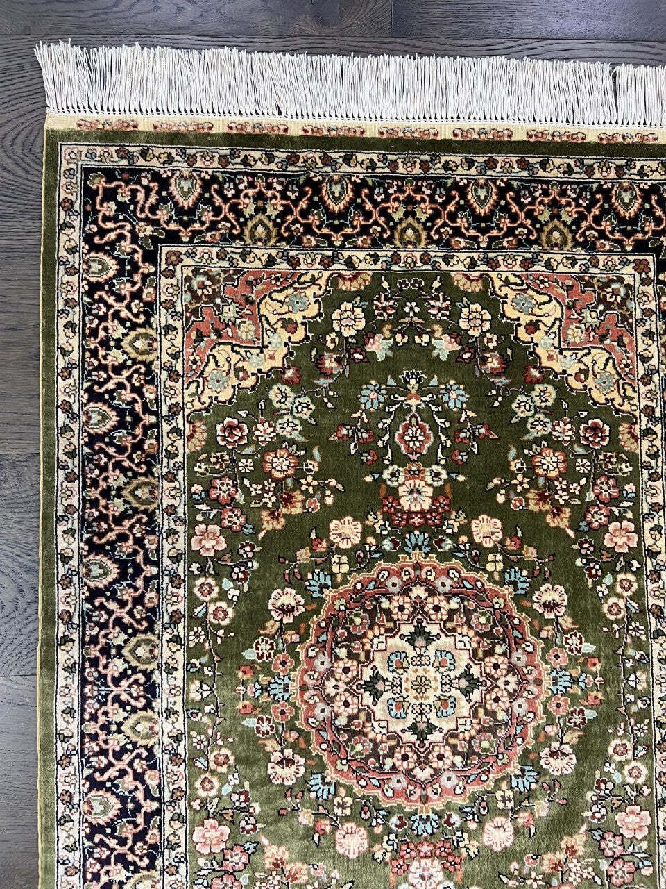 Green Field Turkish Silk Rug, 96 × 63 Cm, Circa 1950 photo Textiles