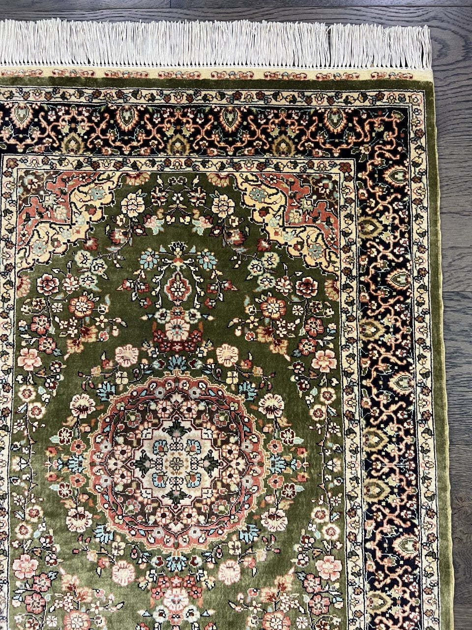 Green Field Turkish Silk Rug, 96 × 63 Cm, Circa 1950 photo 650.0