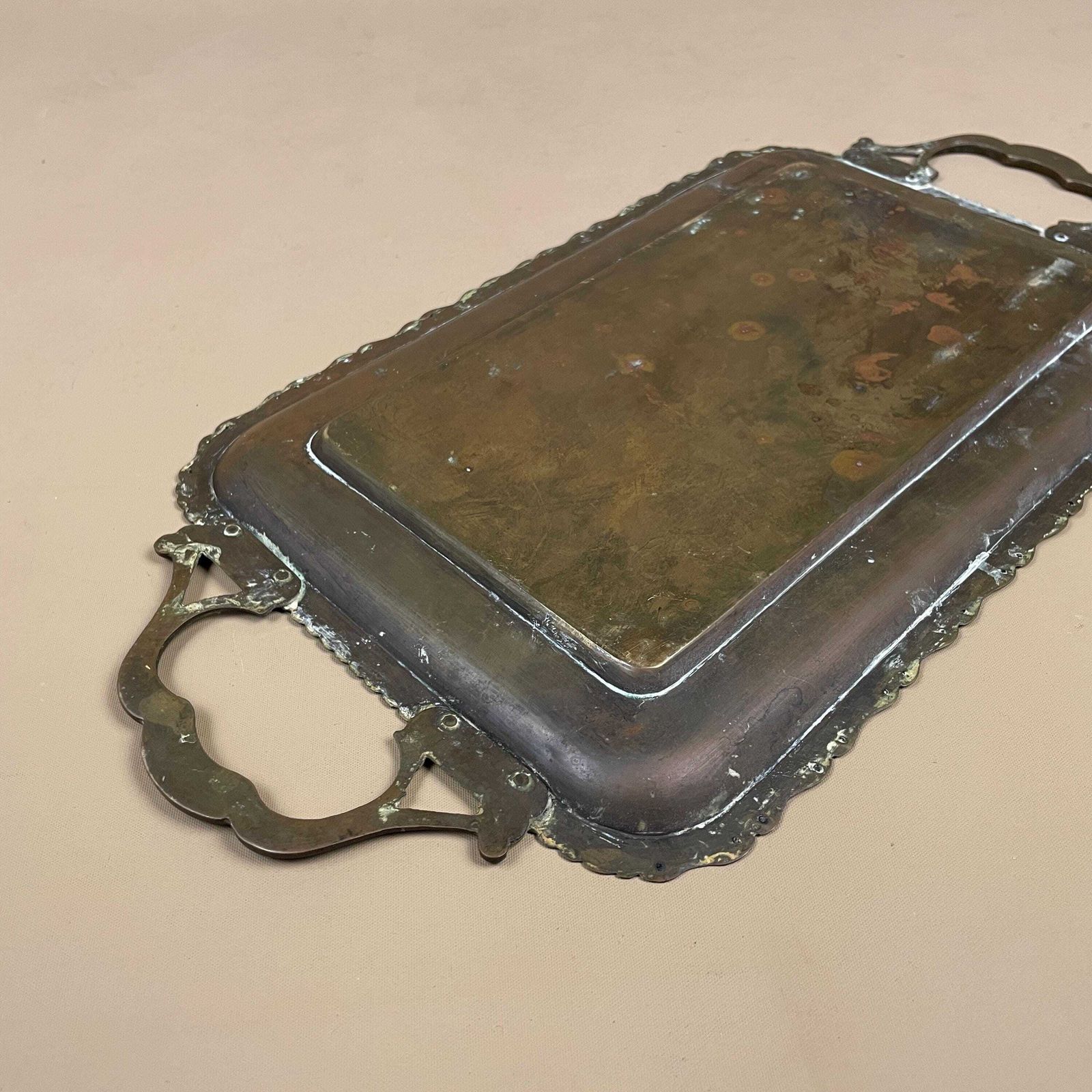 photo for sale Antique Metal Gold Indian Patterned Brass Tray 40x20cm Plate Rectangle Handmade Etched Intricate Decorative Patterned Wall Handles Vintage