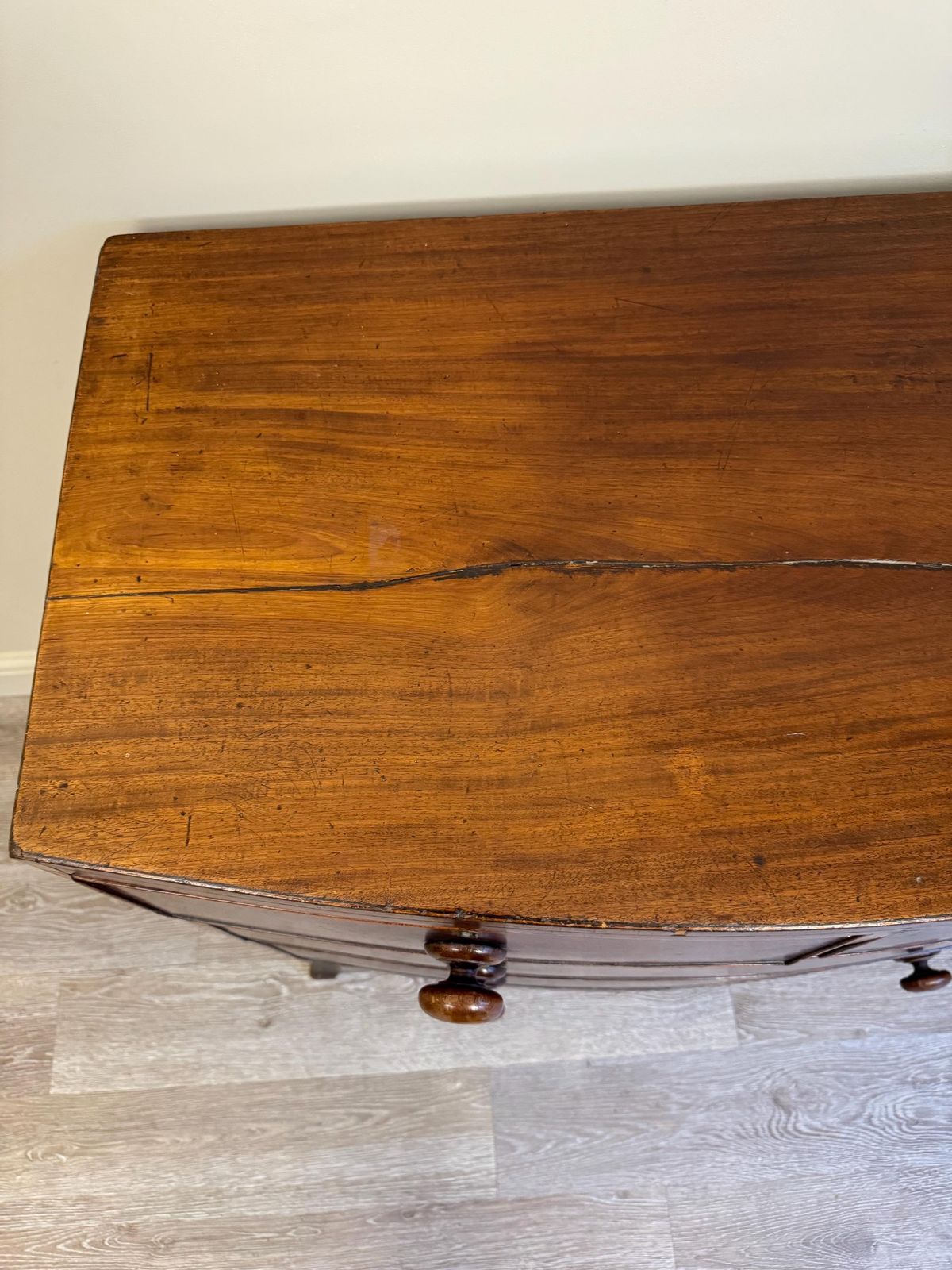 photo for sale Antique Bow Fronted Small Solid Wooden Chest Of Drawers With Dovetail Ends Dark Wood