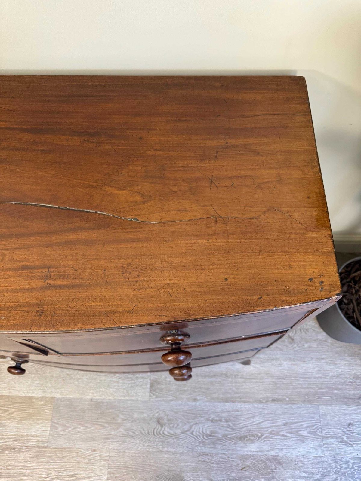Furniture Antique Bow Fronted Small Solid Wooden Chest Of Drawers With Dovetail Ends Dark Wood photo