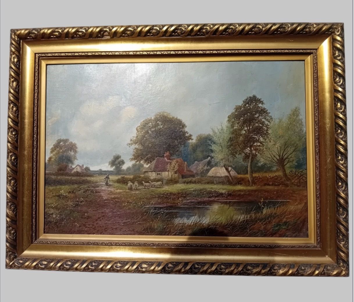 Pair Early 20th Century British Pastoral Oil Paintings In Gilt Frames photo for sale
