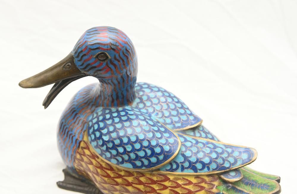 Pair Chinese Cloisonne Ducks Qianlong Bird Statue photo for sale