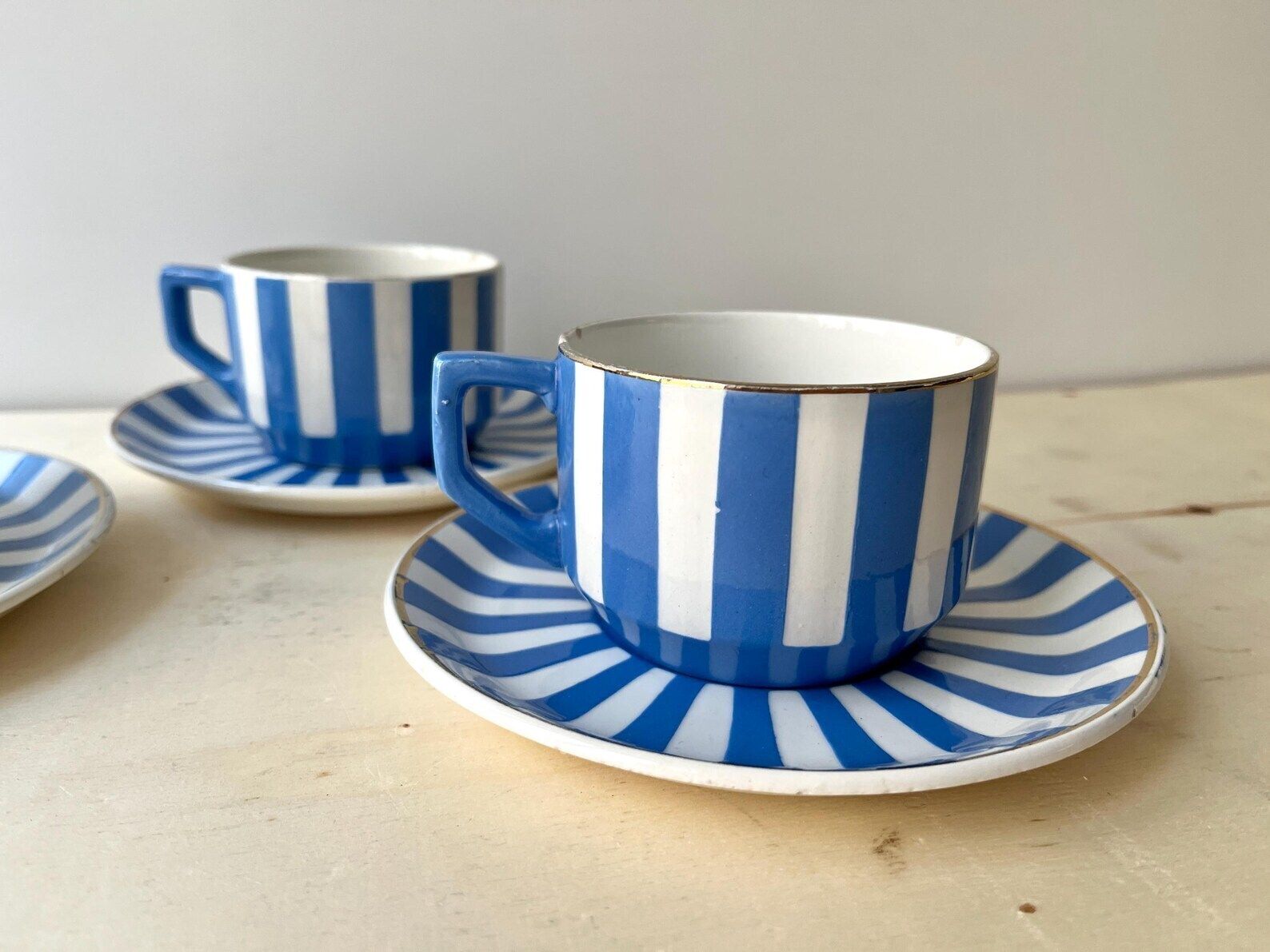 French Art Deco Set Of 3 Teacups And Saucers, Fox Trott Sarreguemines France 1930s, Antique Blue Stripes Earthenware Tableware photo Home Decor