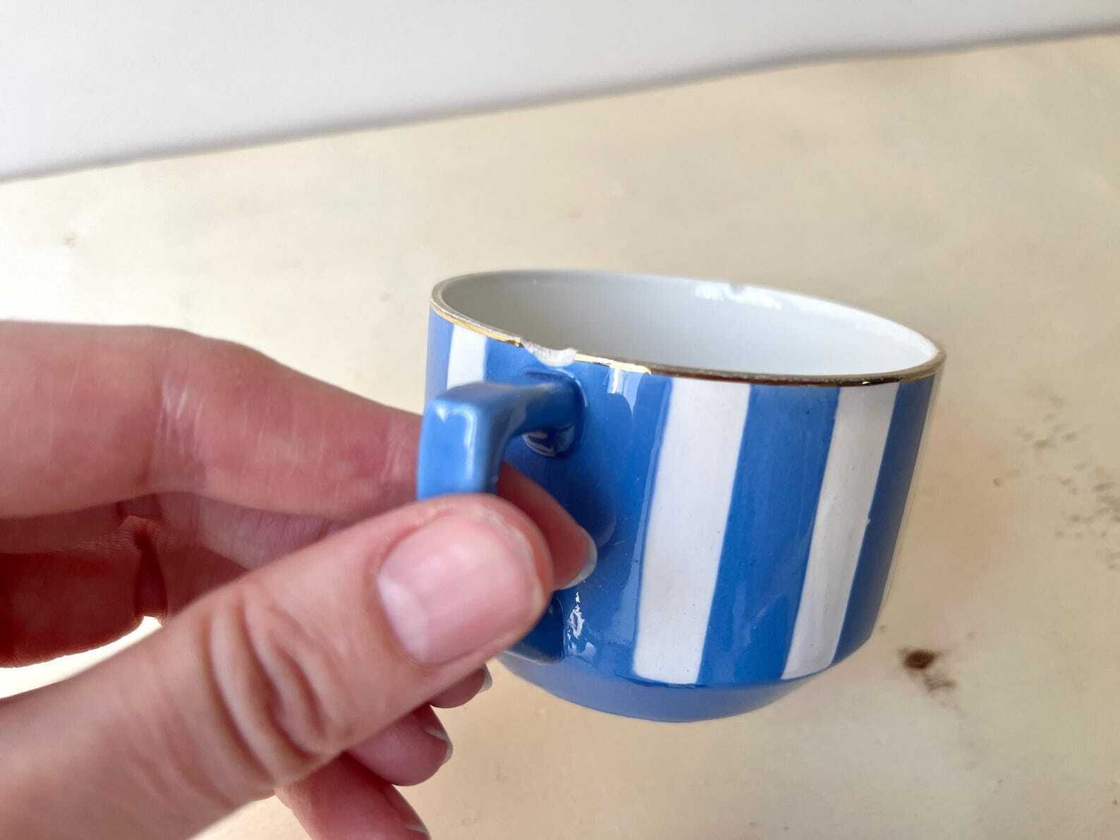 French Art Deco Set Of 3 Teacups And Saucers, Fox Trott Sarreguemines France 1930s, Antique Blue Stripes Earthenware Tableware photo vinterior