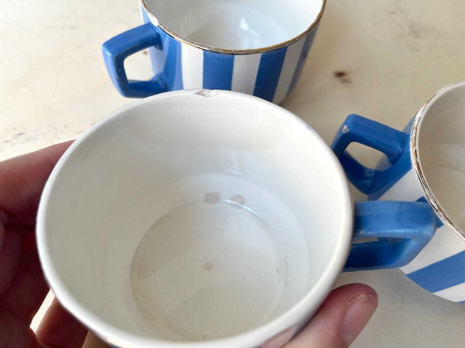 French Art Deco Set Of 3 Teacups And Saucers, Fox Trott Sarreguemines France 1930s, Antique Blue Stripes Earthenware Tableware photo buy