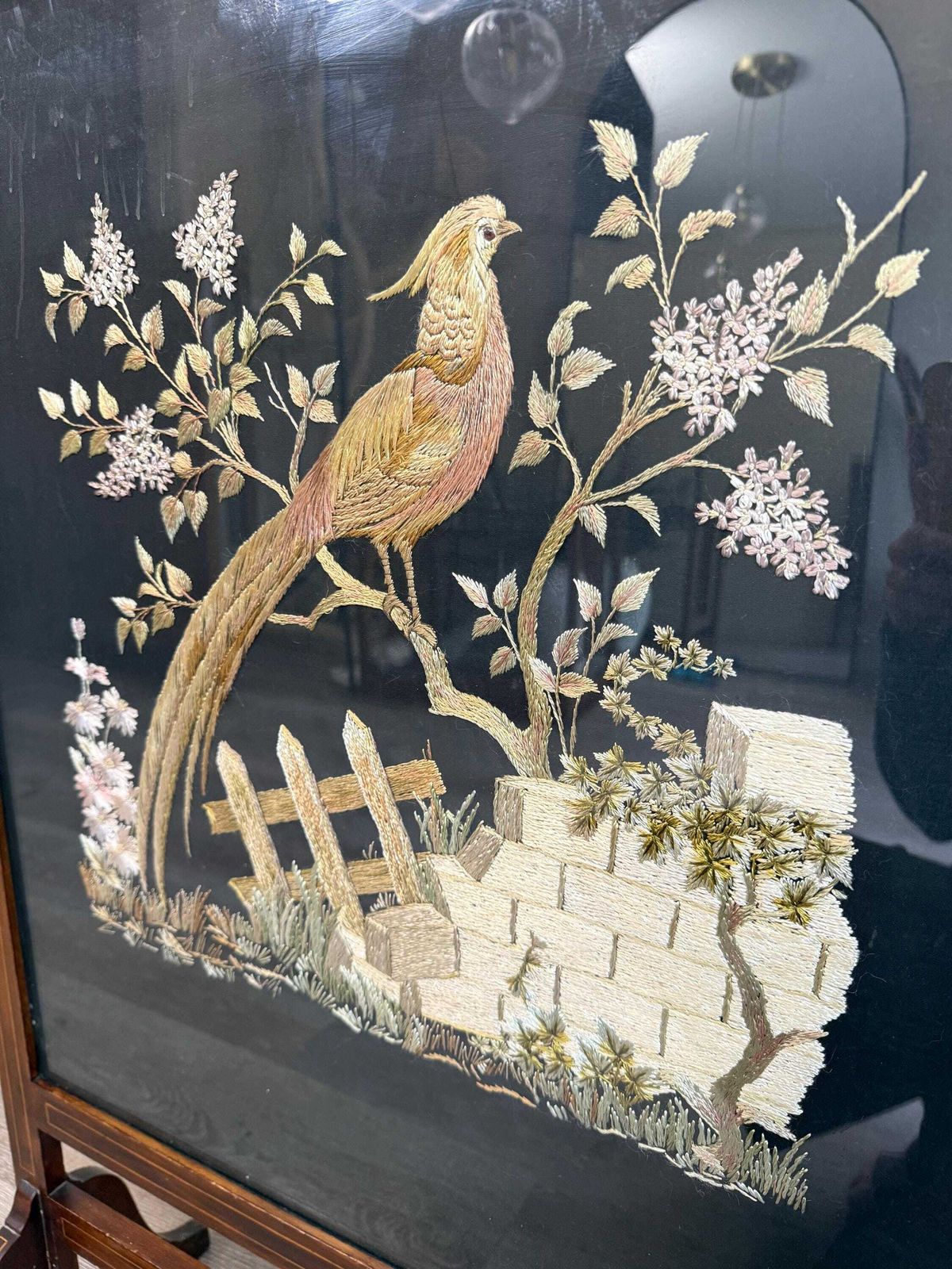 Vintage Pheasant Embroidered Large Fire Guard Screen Living Room Colourful photo vintage