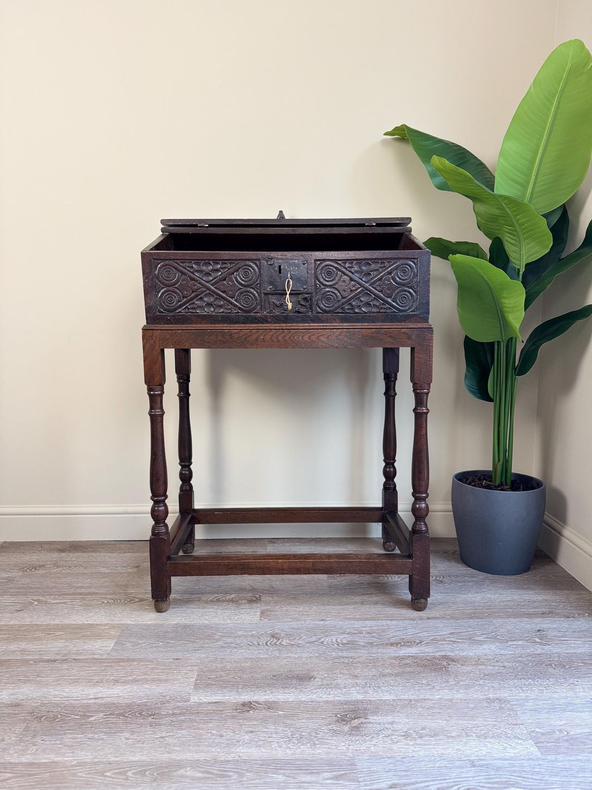Antique Carved Oak Bible Box On Stand – Circa Early 18th Century Storage Chest photo for sale
