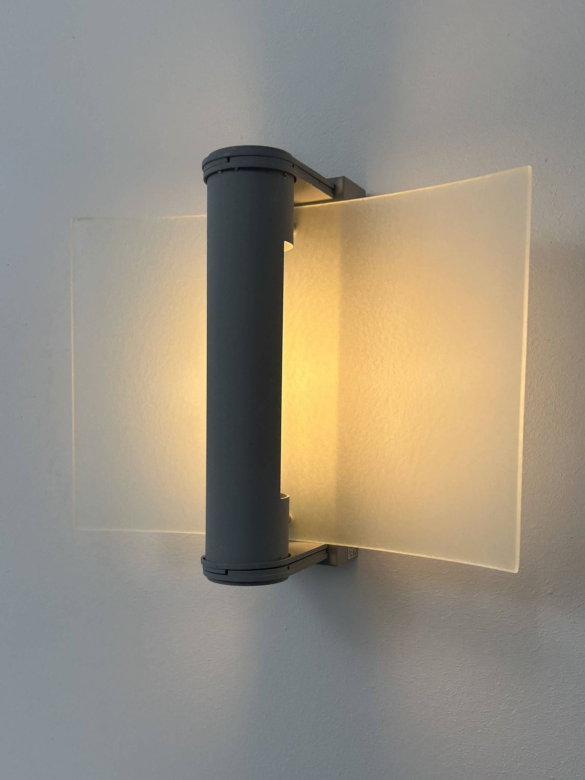 Vintage Wall Light, Grey Lacquered Metal And Frosted Curved Glass, France, 1980. photo for sale