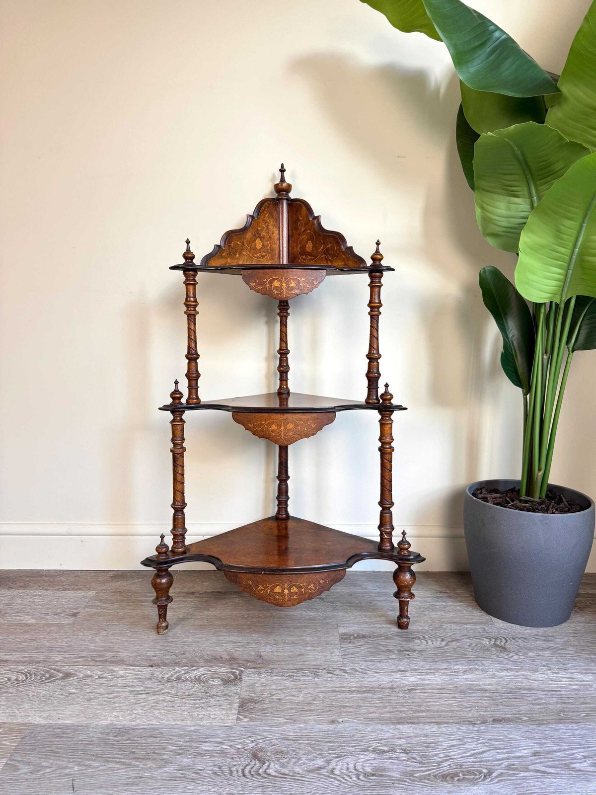 Antique 19th Century Victorian Walnut Marquetry Inlaid Serpentine Watnot Shelving Unit