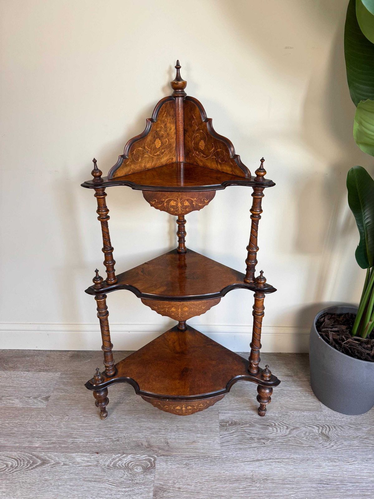 Antique 19th Century Victorian Walnut Marquetry Inlaid Serpentine Watnot Shelving Unit photo furniture