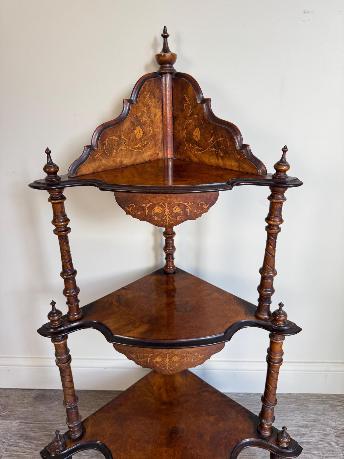 Antique 19th Century Victorian Walnut Marquetry Inlaid Serpentine Watnot Shelving Unit photo for sale