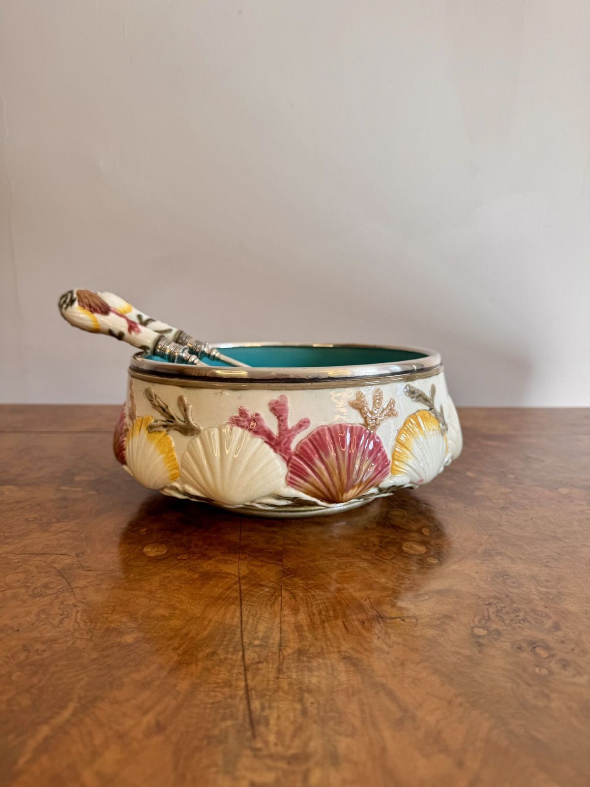 Quality Antique Majolica Salad Bowl And Servers photo Home Decor