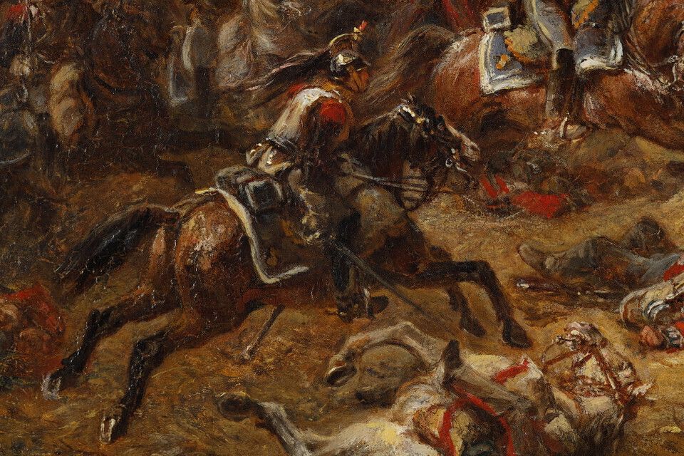 photo buy Painting Depicting French Cuirassiers At Waterloo, Signed Eugène Charpentier