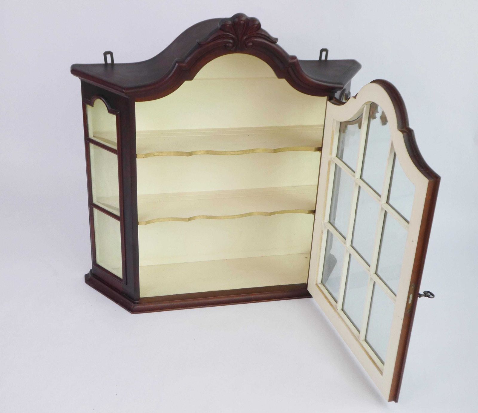 Mid Century Wooden Wall Display With Ornament And White Shelves, Cabinet With Lock, Glass Medicine Apothecary Storage photo buy