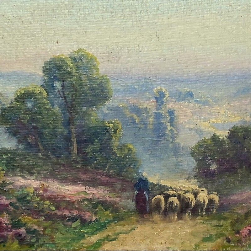 Painting "Shepherdess And Her Flock", Oil On Panel Signed G. Corbier – Early 20th Century photo furniture