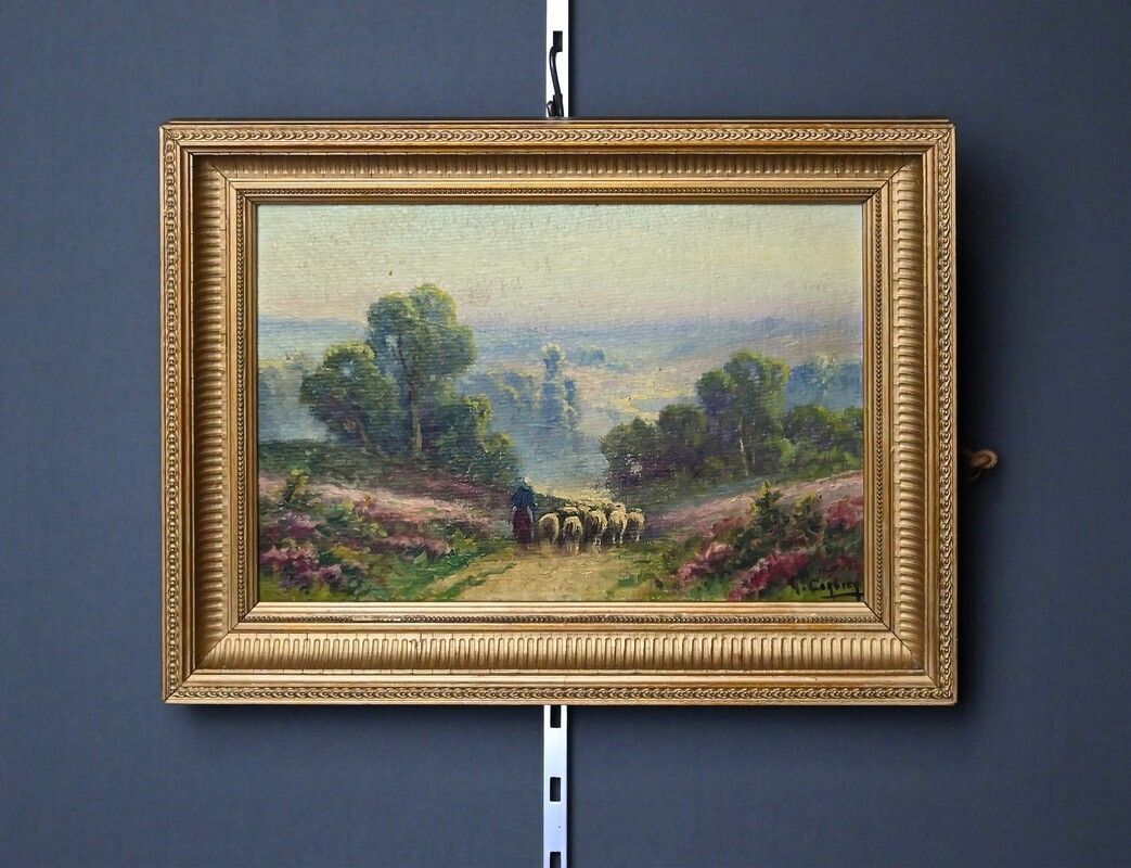 Painting "Shepherdess And Her Flock", Oil On Panel Signed G. Corbier – Early 20th Century photo 860.0