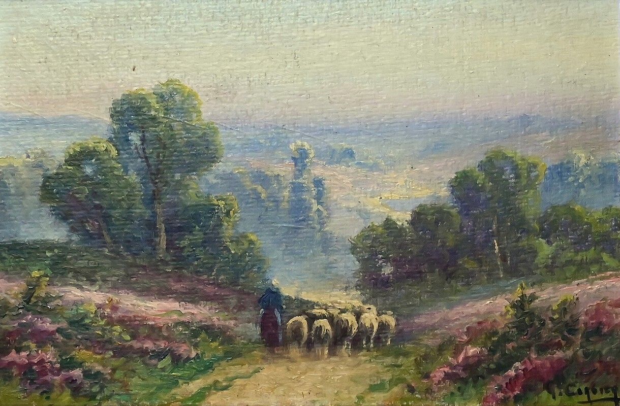 Painting "Shepherdess And Her Flock", Oil On Panel Signed G. Corbier – Early 20th Century photo vinterior