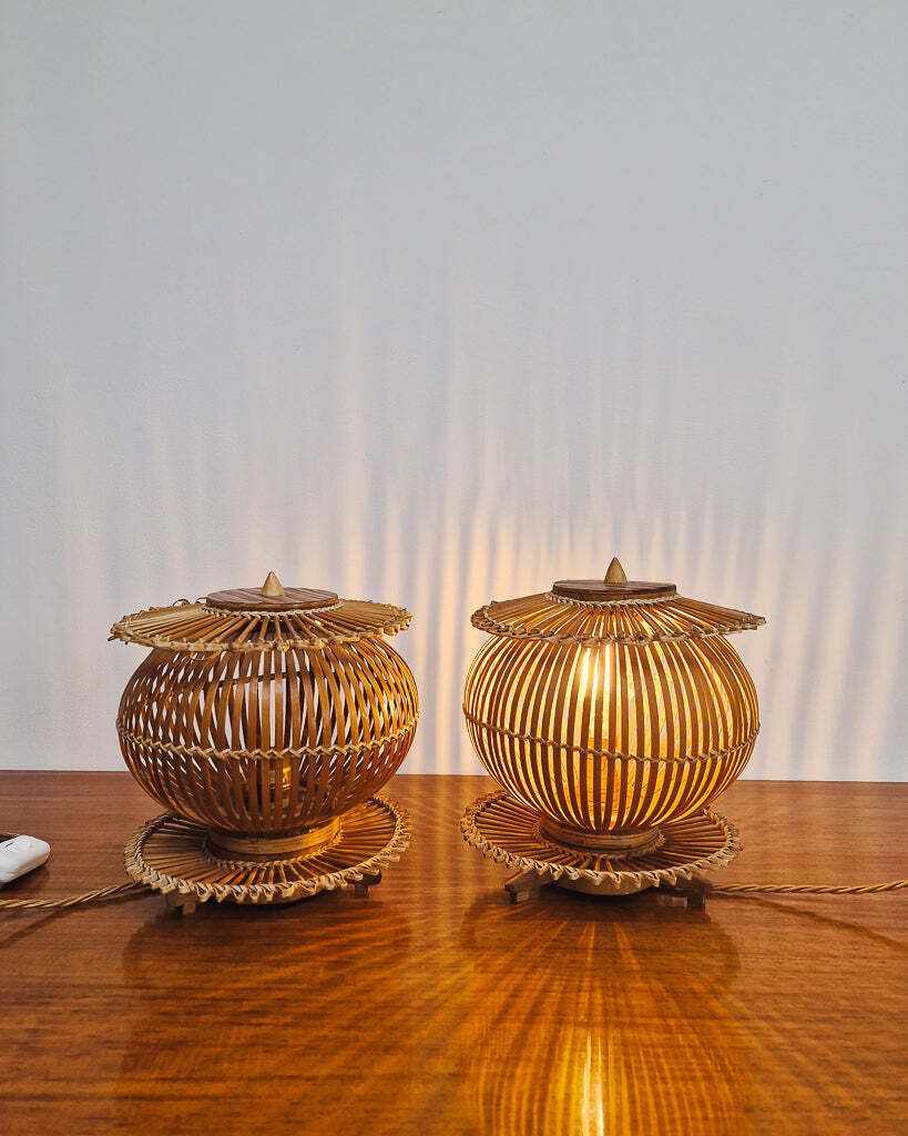 Vintage Bamboo Bedside Table Lamps (Pair). photo furniture
