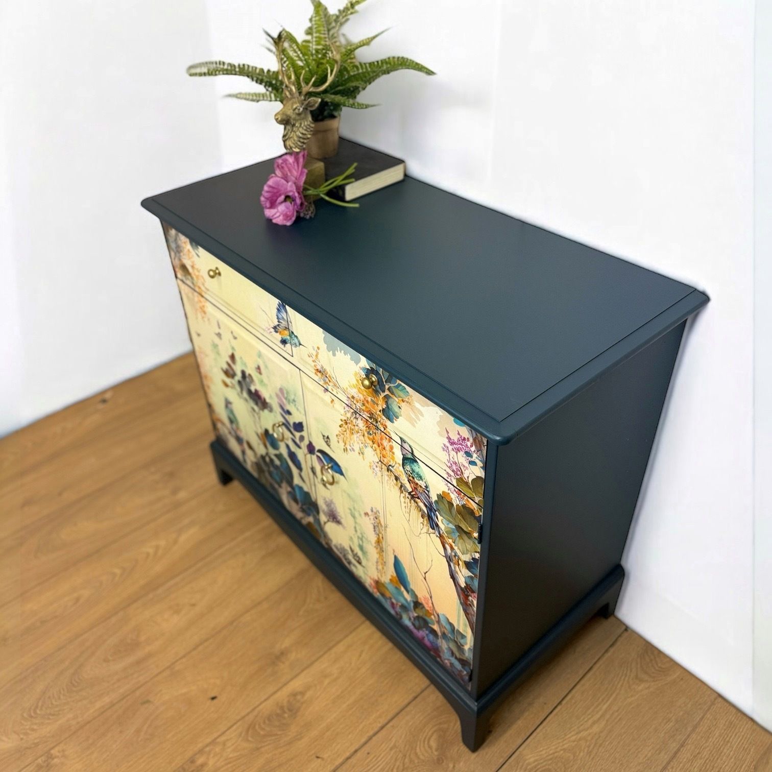 Made To Order Pretty Refinished Stag Minstrel Sideboard In Deep Teal With Floral Bird Design. Navy Blue Tv Unit photo Furniture