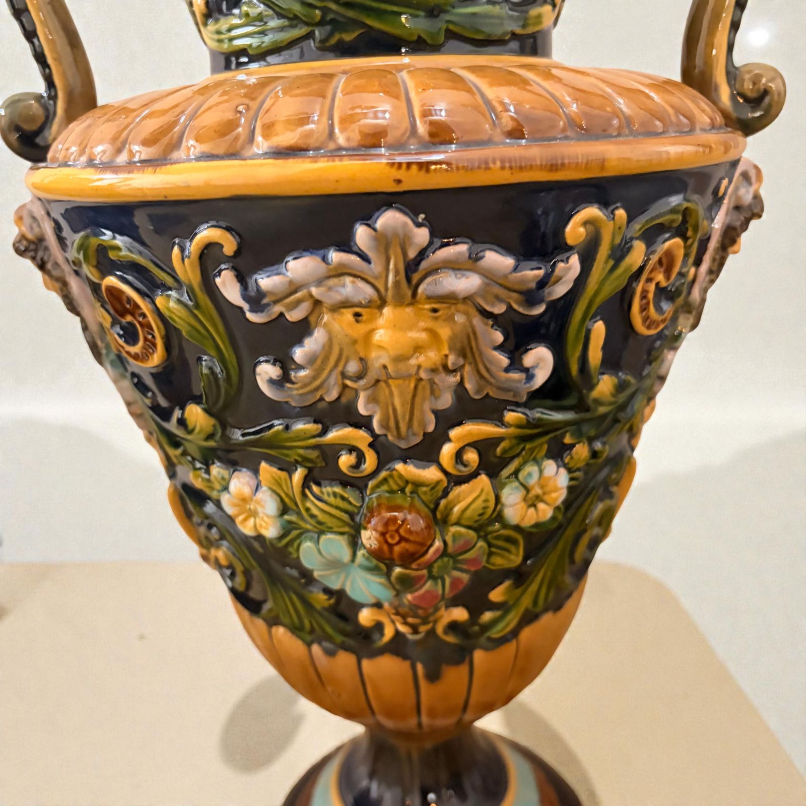 Pair Of 19th Century Victorian Renaissance Style Majolica Urns. photo for sale