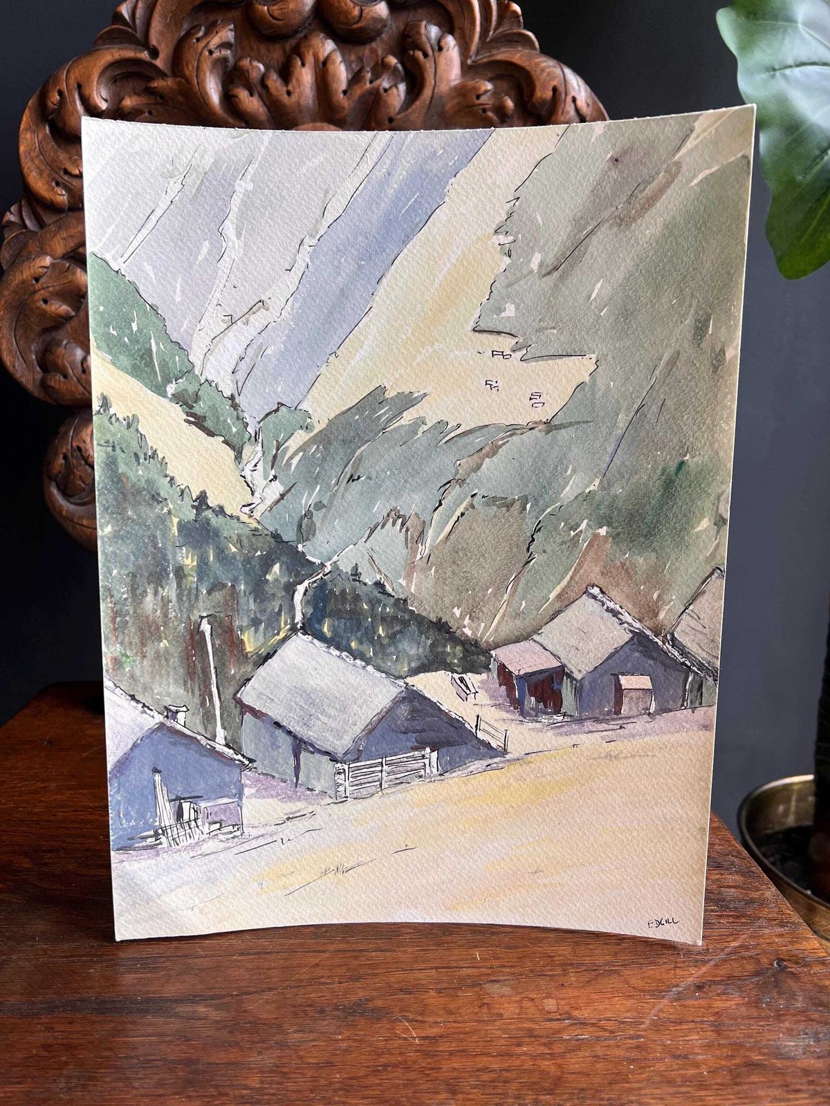 Original 1985 Malvaglia Ticino Switzerland Watercolor & Acrylic Painting – Signed Edgill photo for sale