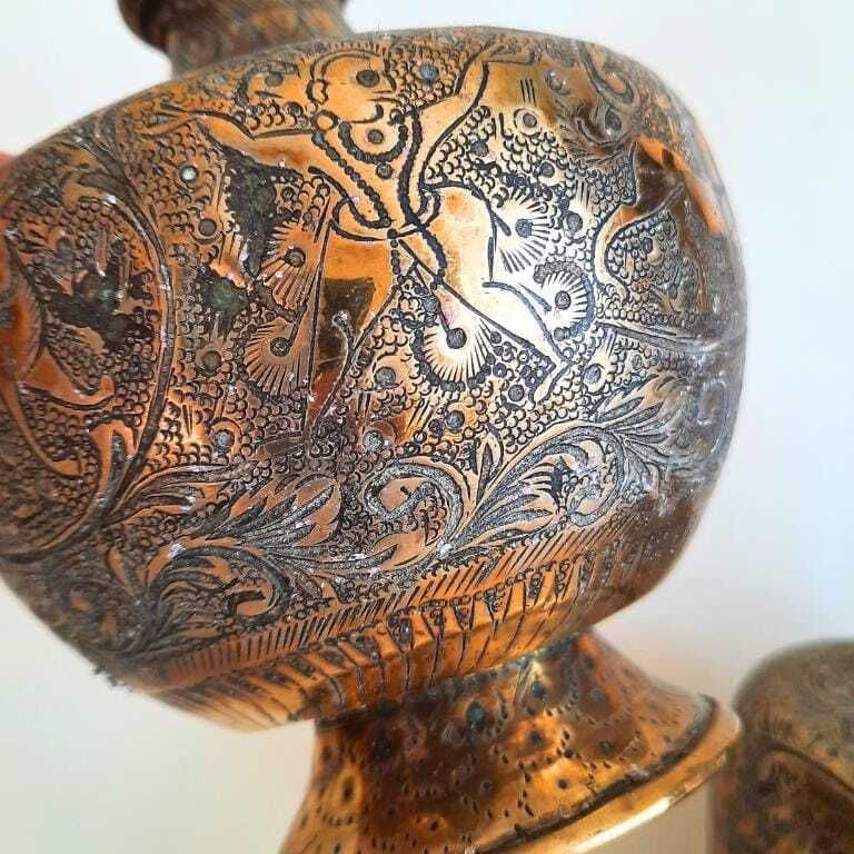 Antique Indian Brass Jugs With Engraved Animal And Foliate Decoration And Cobra Head's Handles 8.7'' Tall photo for sale