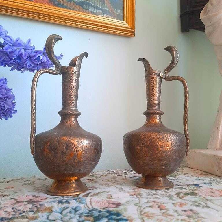 Antique Indian Brass Jugs With Engraved Animal And Foliate Decoration And Cobra Head's Handles 8.7'' Tall photo 58.0