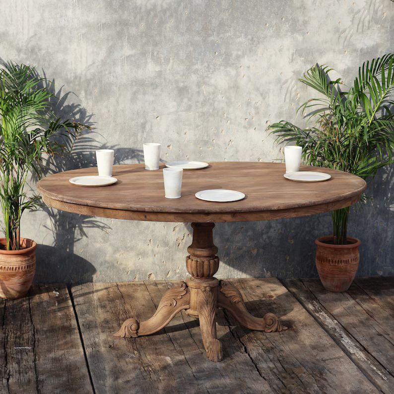 Round Reclaimed Teak Plantation Style Pedestal Dining Table | 150 Cm photo buy